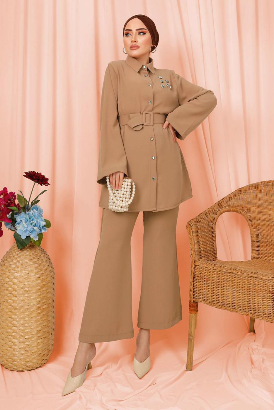 Tesettür giyim KAHVE KEMERLİ İNCİ DETAYLI İKİLİ PANTOLONLU TAKIM T 1303