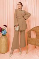 Tesettür giyim KAHVE KEMERLİ İNCİ DETAYLI İKİLİ PANTOLONLU TAKIM T 1303