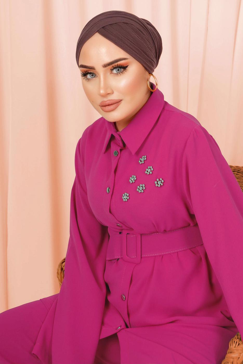 Tesettür giyim FUŞYA KEMERLİ İNCİ DETAYLI İKİLİ PANTOLONLU TAKIM T 1303