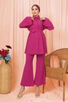 Tesettür giyim FUŞYA KEMERLİ İNCİ DETAYLI İKİLİ PANTOLONLU TAKIM T 1303