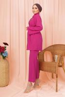 Tesettür giyim FUŞYA KEMERLİ İNCİ DETAYLI İKİLİ PANTOLONLU TAKIM T 1303