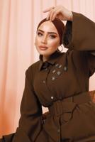 Tesettür giyim KAHVE KEMERLİ İNCİ DETAYLI İKİLİ PANTOLONLU TAKIM T 1303