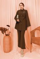 Tesettür giyim KAHVE KEMERLİ İNCİ DETAYLI İKİLİ PANTOLONLU TAKIM T 1303