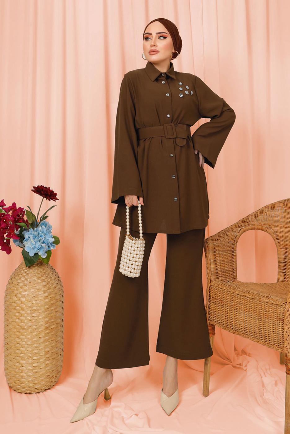 Tesettür giyim KAHVE KEMERLİ İNCİ DETAYLI İKİLİ PANTOLONLU TAKIM T 1303
