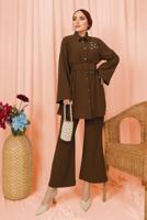 Tesettür giyim KAHVE KEMERLİ İNCİ DETAYLI İKİLİ PANTOLONLU TAKIM T 1303