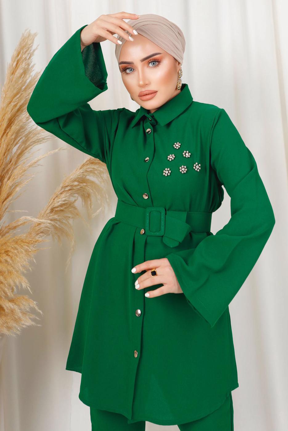 Tesettür giyim YEŞİL KEMERLİ İNCİ DETAYLI İKİLİ PANTOLONLU TAKIM T 1303