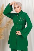 Tesettür giyim YEŞİL KEMERLİ İNCİ DETAYLI İKİLİ PANTOLONLU TAKIM T 1303