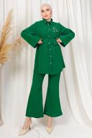 Tesettür giyim YEŞİL KEMERLİ İNCİ DETAYLI İKİLİ PANTOLONLU TAKIM T 1303
