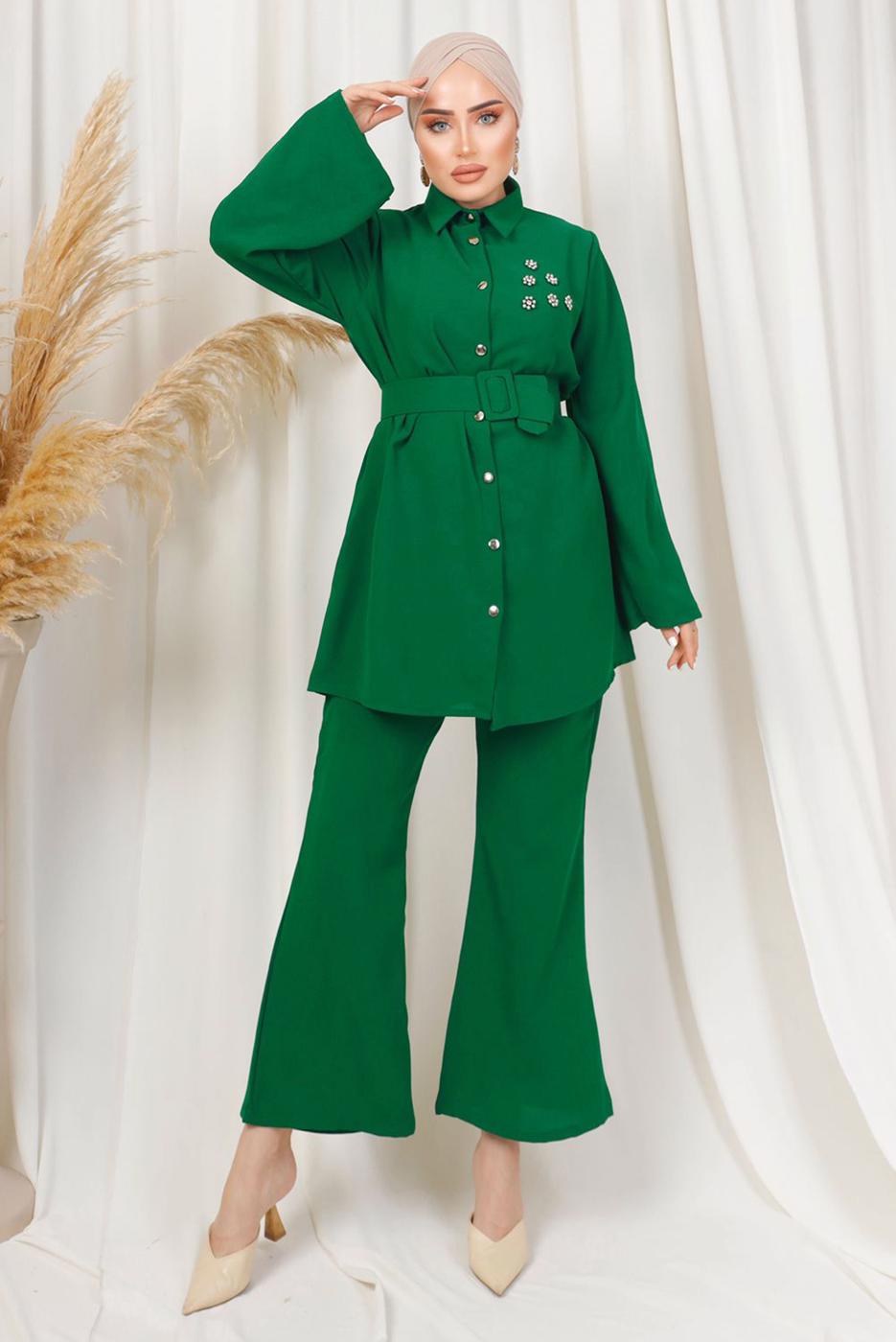 Tesettür giyim YEŞİL KEMERLİ İNCİ DETAYLI İKİLİ PANTOLONLU TAKIM T 1303