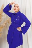 Tesettür giyim LACİVERT KEMERLİ İNCİ DETAYLI İKİLİ PANTOLONLU TAKIM T 1303