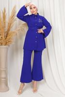 Tesettür giyim LACİVERT KEMERLİ İNCİ DETAYLI İKİLİ PANTOLONLU TAKIM T 1303