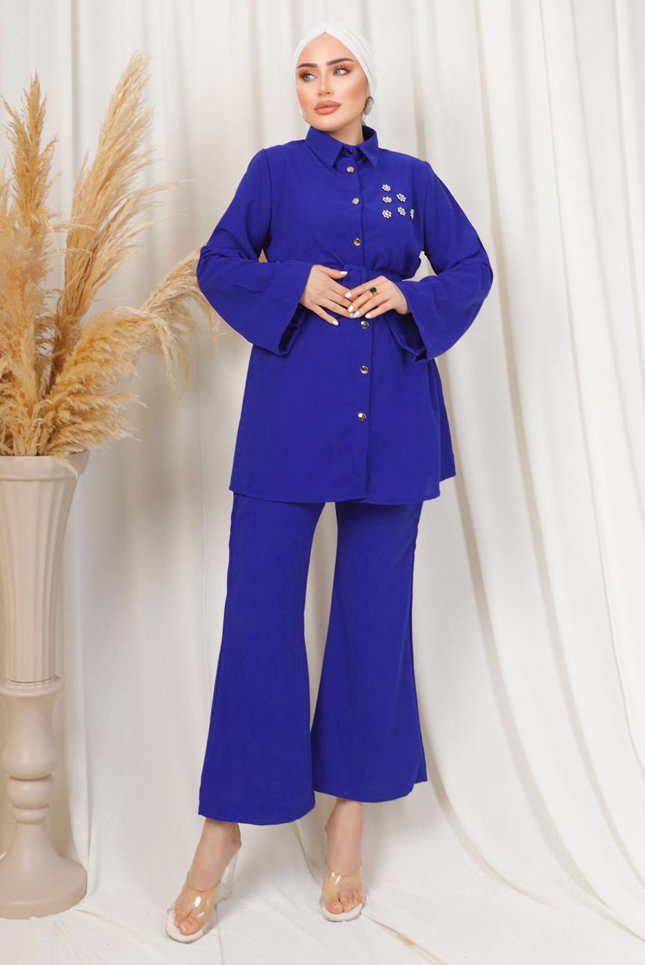 Tesettür giyim LACİVERT KEMERLİ İNCİ DETAYLI İKİLİ PANTOLONLU TAKIM T 1303