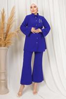 Tesettür giyim LACİVERT KEMERLİ İNCİ DETAYLI İKİLİ PANTOLONLU TAKIM T 1303