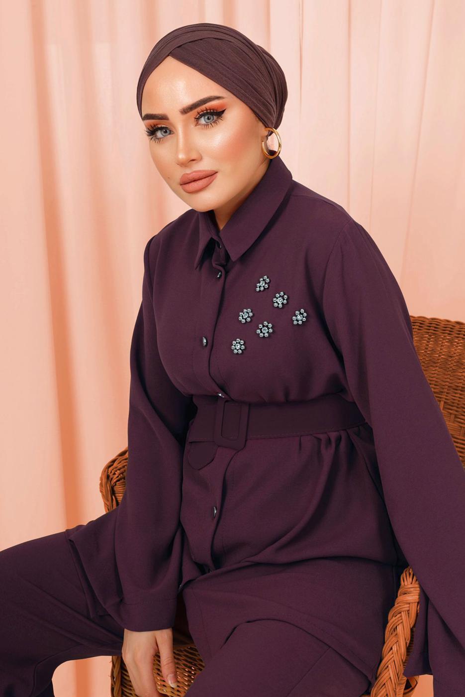 Tesettür giyim PEMBE KEMERLİ İNCİ DETAYLI İKİLİ PANTOLONLU TAKIM T 1303