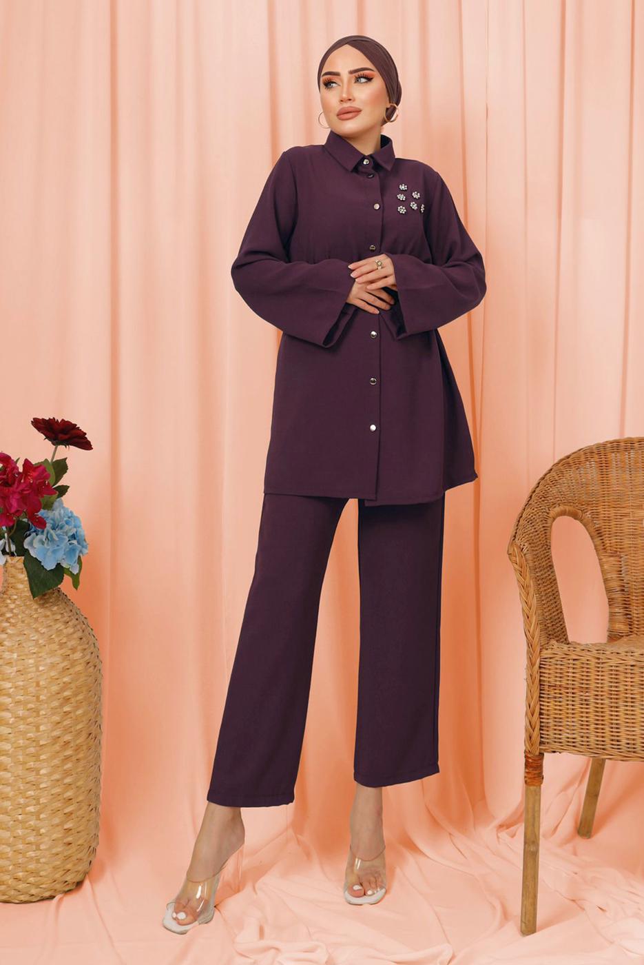 Tesettür giyim PEMBE KEMERLİ İNCİ DETAYLI İKİLİ PANTOLONLU TAKIM T 1303