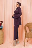 Tesettür giyim PEMBE KEMERLİ İNCİ DETAYLI İKİLİ PANTOLONLU TAKIM T 1303