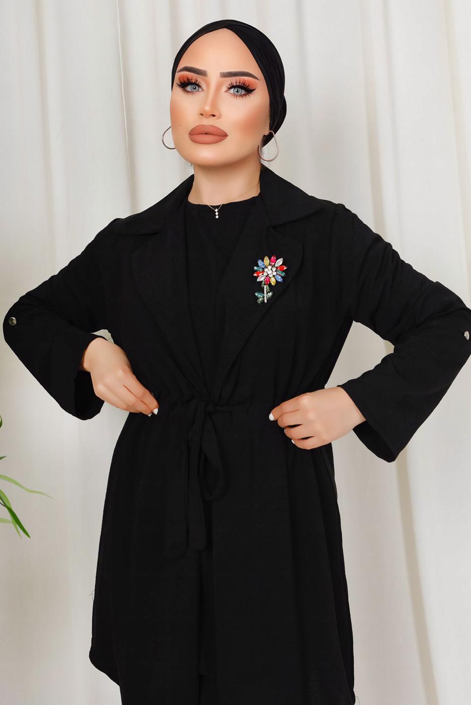 Tesettür giyim SİYAH BROŞ DETAYLI BELİ BÜZGÜLÜ ÜÇLÜ AEROBİN TAKIM T 1313