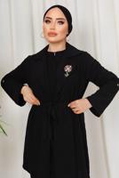Tesettür giyim SİYAH BROŞ DETAYLI BELİ BÜZGÜLÜ ÜÇLÜ AEROBİN TAKIM T 1313