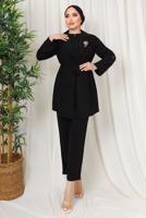 Tesettür giyim SİYAH BROŞ DETAYLI BELİ BÜZGÜLÜ ÜÇLÜ AEROBİN TAKIM T 1313