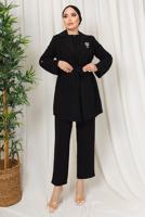 Tesettür giyim SİYAH BROŞ DETAYLI BELİ BÜZGÜLÜ ÜÇLÜ AEROBİN TAKIM T 1313