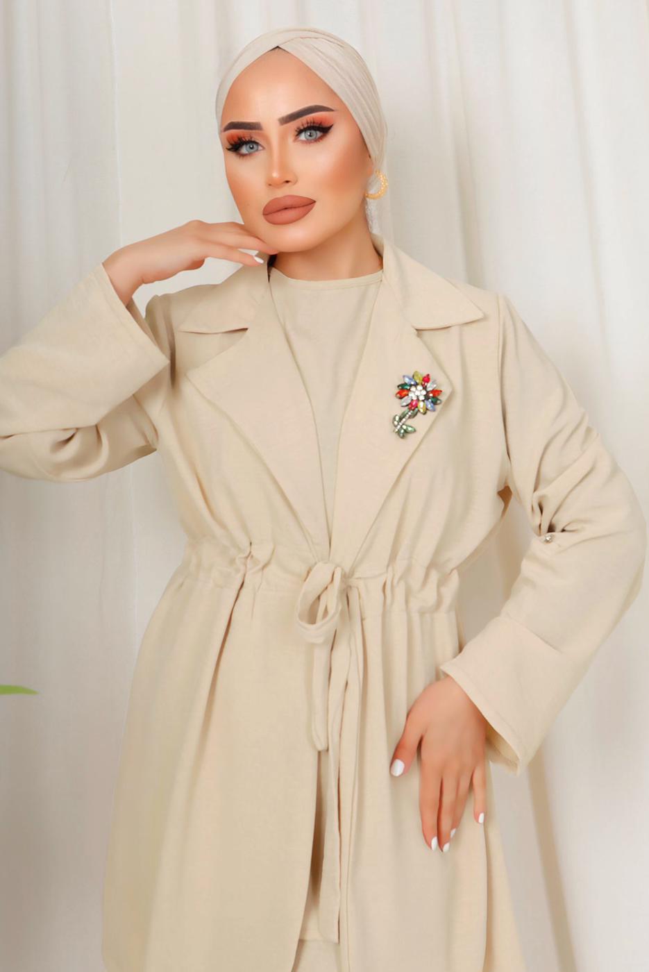 Tesettür giyim BEJ BROŞ DETAYLI BELİ BÜZGÜLÜ ÜÇLÜ AEROBİN TAKIM T 1313