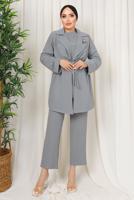 Tesettür giyim GRİ BROŞ DETAYLI BELİ BÜZGÜLÜ ÜÇLÜ AEROBİN TAKIM T 1313