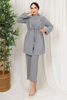 Tesettür giyim GRİ BROŞ DETAYLI BELİ BÜZGÜLÜ ÜÇLÜ AEROBİN TAKIM T 1313