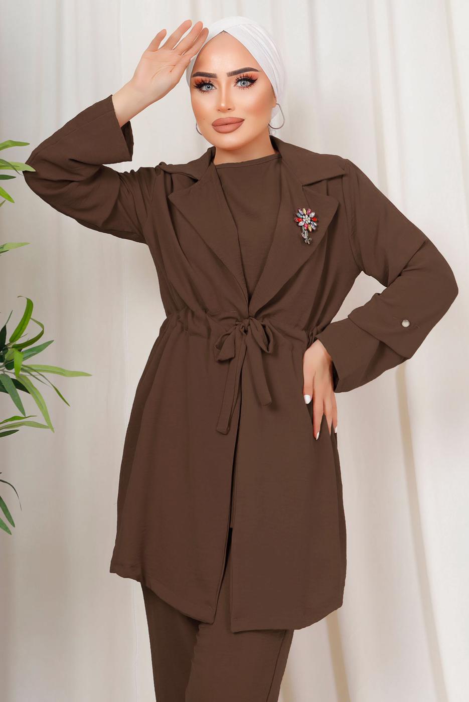 Tesettür giyim KAHVE BROŞ DETAYLI BELİ BÜZGÜLÜ ÜÇLÜ AEROBİN TAKIM T 1313