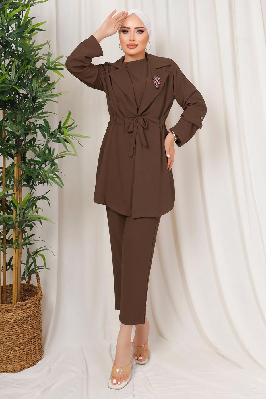 Tesettür giyim KAHVE BROŞ DETAYLI BELİ BÜZGÜLÜ ÜÇLÜ AEROBİN TAKIM T 1313
