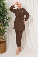 Tesettür giyim KAHVE BROŞ DETAYLI BELİ BÜZGÜLÜ ÜÇLÜ AEROBİN TAKIM T 1313