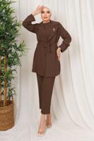Tesettür giyim KAHVE BROŞ DETAYLI BELİ BÜZGÜLÜ ÜÇLÜ AEROBİN TAKIM T 1313