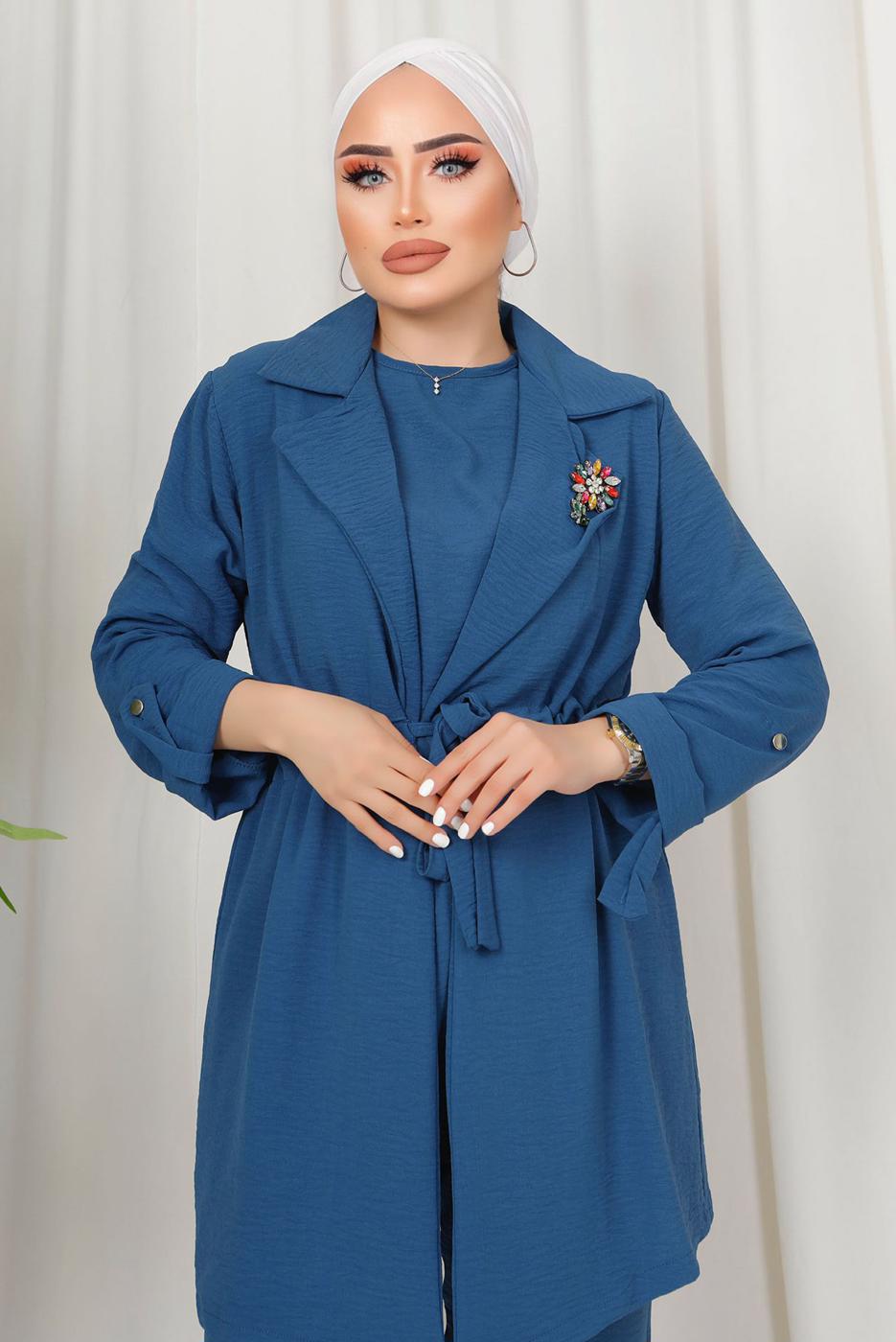 Tesettür giyim LACİVERT BROŞ DETAYLI BELİ BÜZGÜLÜ ÜÇLÜ AEROBİN TAKIM T 1313