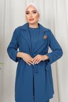 Tesettür giyim LACİVERT BROŞ DETAYLI BELİ BÜZGÜLÜ ÜÇLÜ AEROBİN TAKIM T 1313