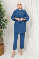 Tesettür giyim LACİVERT BROŞ DETAYLI BELİ BÜZGÜLÜ ÜÇLÜ AEROBİN TAKIM T 1313