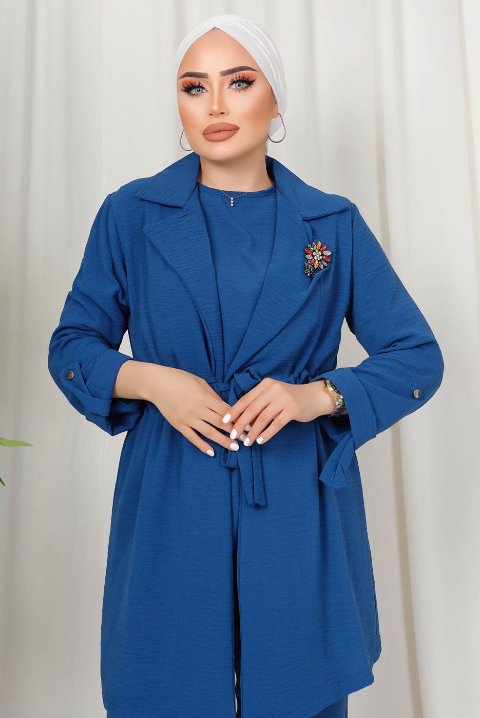 Tesettür giyim LACİVERT BROŞ DETAYLI BELİ BÜZGÜLÜ ÜÇLÜ AEROBİN TAKIM T 1313