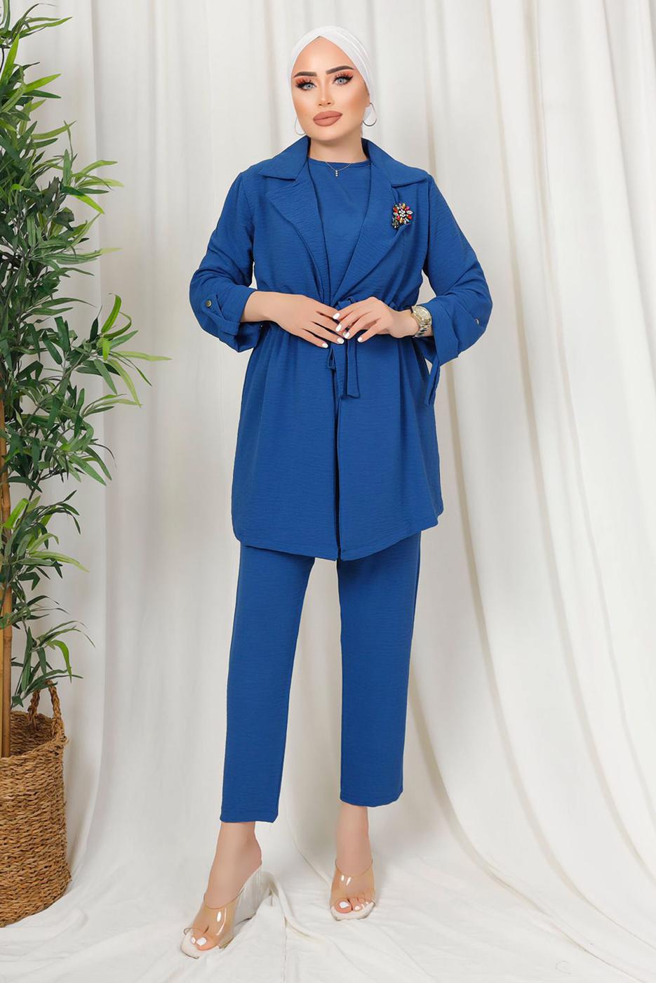 Tesettür giyim LACİVERT BROŞ DETAYLI BELİ BÜZGÜLÜ ÜÇLÜ AEROBİN TAKIM T 1313