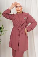 Tesettür giyim PEMBE BROŞ DETAYLI BELİ BÜZGÜLÜ ÜÇLÜ AEROBİN TAKIM T 1313