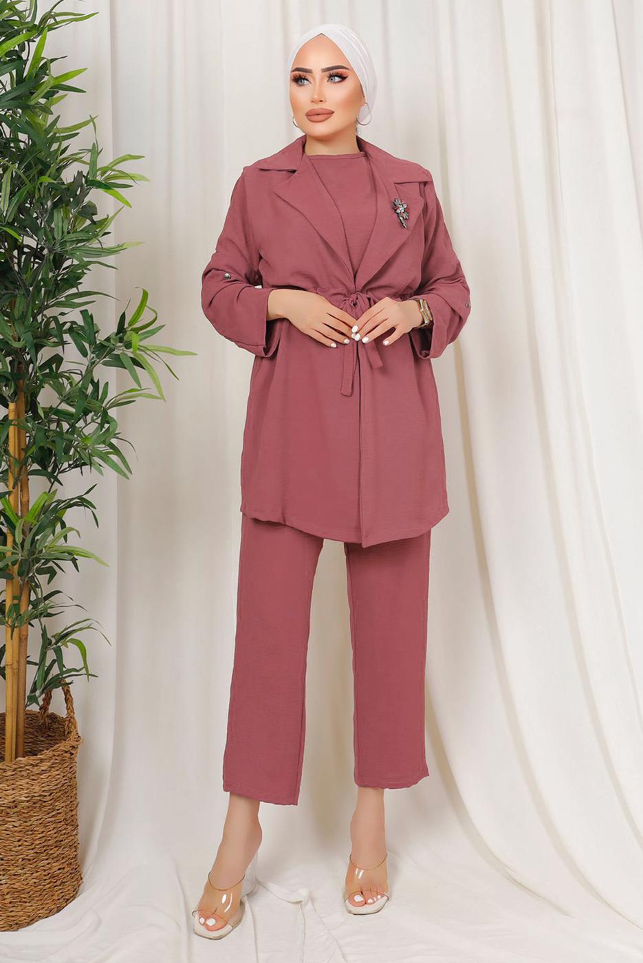 Tesettür giyim PEMBE BROŞ DETAYLI BELİ BÜZGÜLÜ ÜÇLÜ AEROBİN TAKIM T 1313