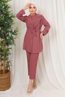 Tesettür giyim PEMBE BROŞ DETAYLI BELİ BÜZGÜLÜ ÜÇLÜ AEROBİN TAKIM T 1313