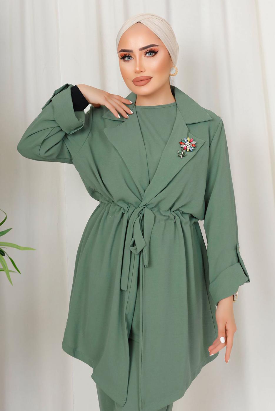 Tesettür giyim YEŞİL BROŞ DETAYLI BELİ BÜZGÜLÜ ÜÇLÜ AEROBİN TAKIM T 1313