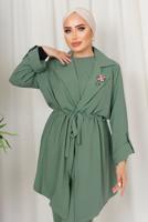 Tesettür giyim YEŞİL BROŞ DETAYLI BELİ BÜZGÜLÜ ÜÇLÜ AEROBİN TAKIM T 1313