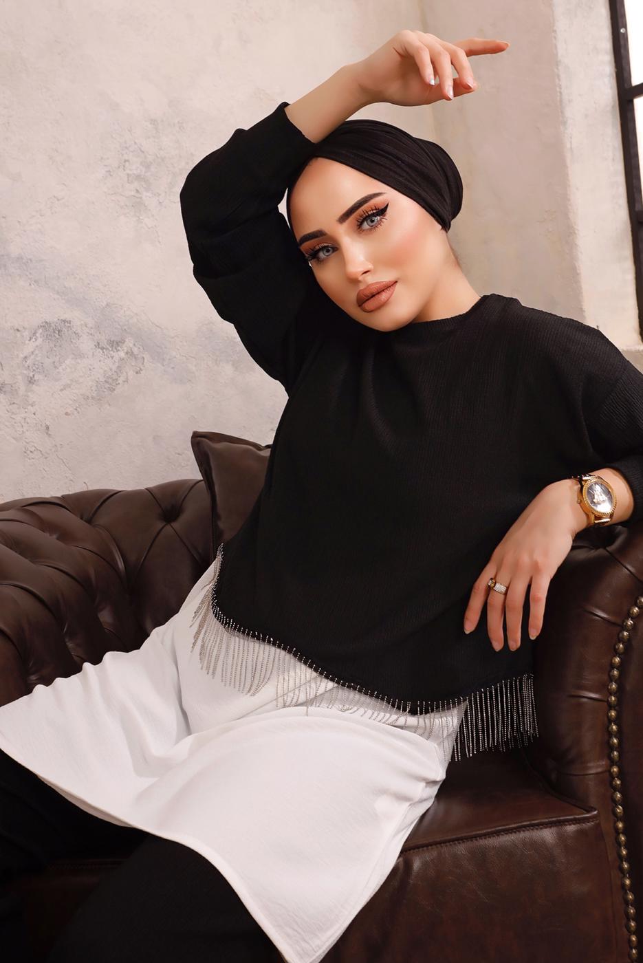 Tesettür giyim SİYAH ZİNCİR DETAYLI İKİLİ PANTOLON TAKIMI T 1492