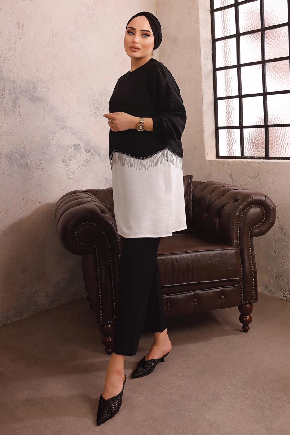 Tesettür giyim SİYAH ZİNCİR DETAYLI İKİLİ PANTOLON TAKIMI T 1492