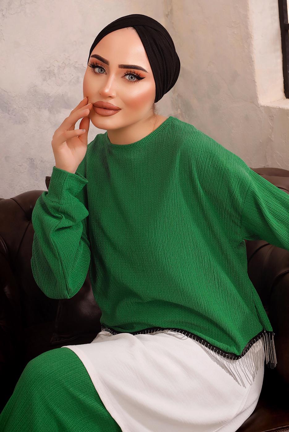 Tesettür giyim YEŞİL ZİNCİR DETAYLI İKİLİ PANTOLON TAKIMI T 1492