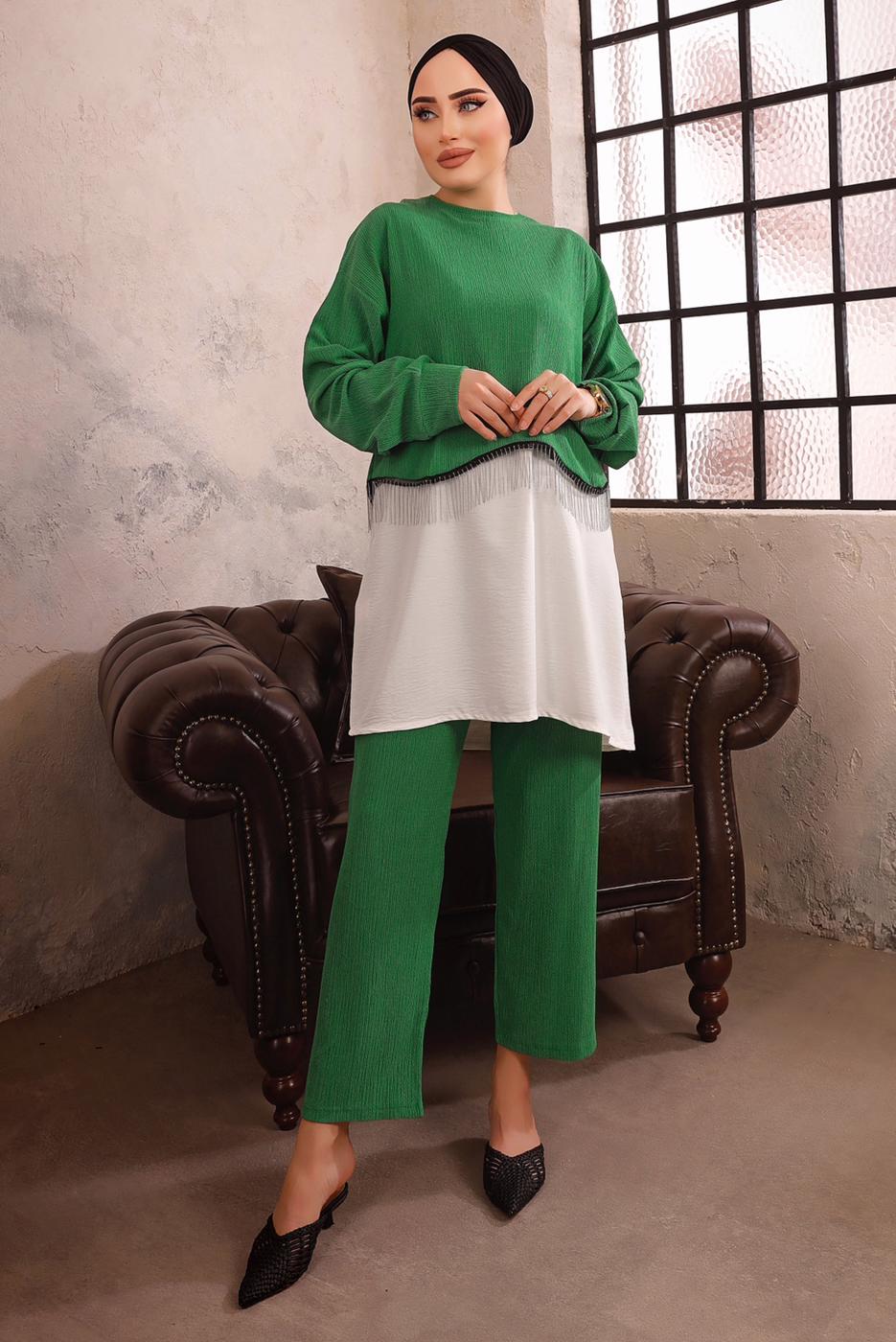 Tesettür giyim YEŞİL ZİNCİR DETAYLI İKİLİ PANTOLON TAKIMI T 1492
