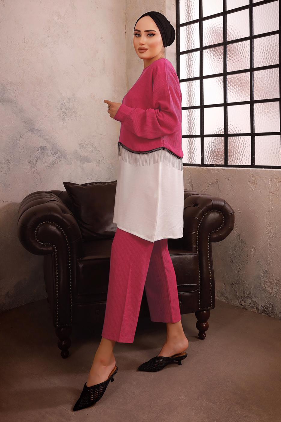 Tesettür giyim FUŞYA ZİNCİR DETAYLI İKİLİ PANTOLON TAKIMI T 1492
