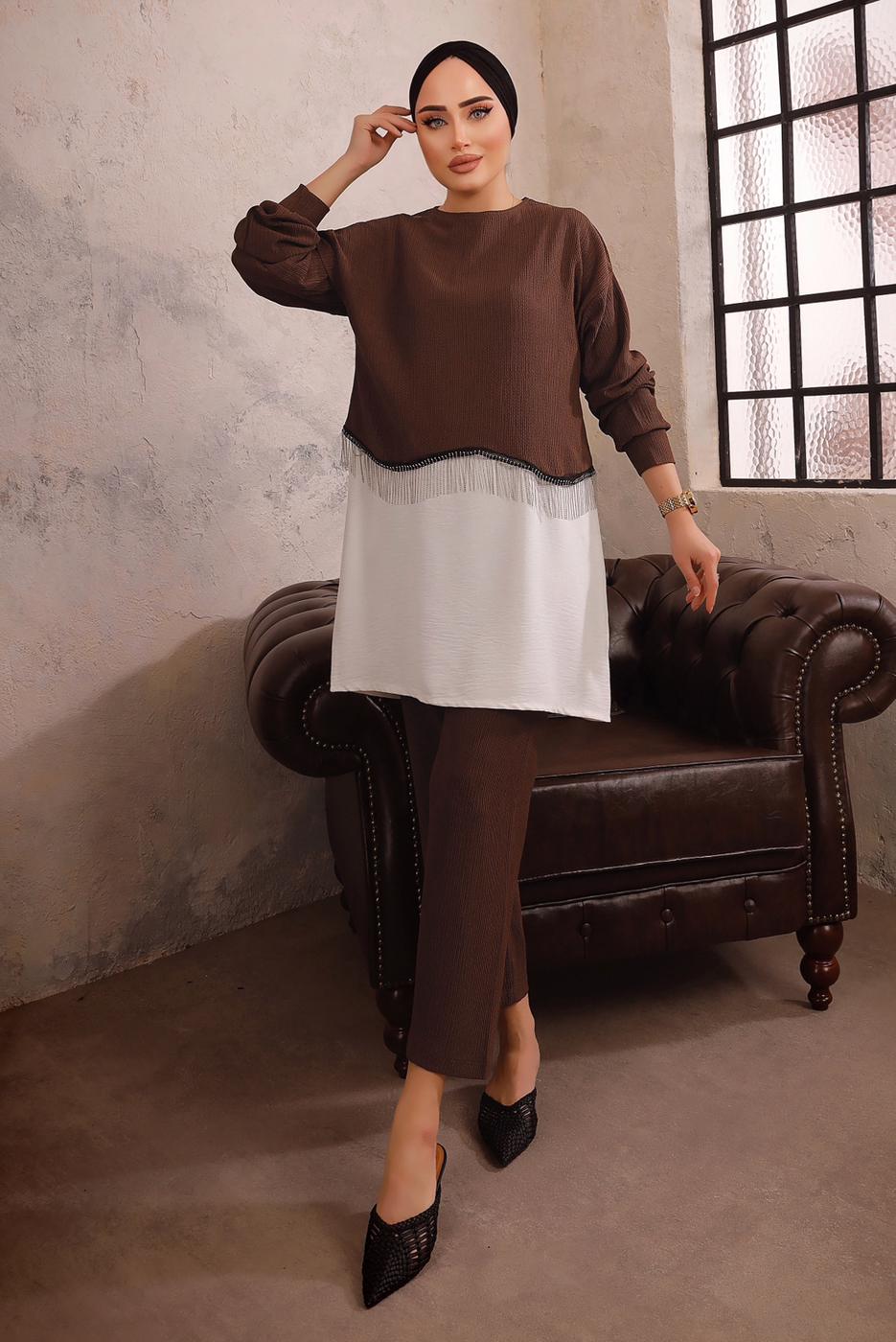 Tesettür giyim KAHVE ZİNCİR DETAYLI İKİLİ PANTOLON TAKIMI T 1492