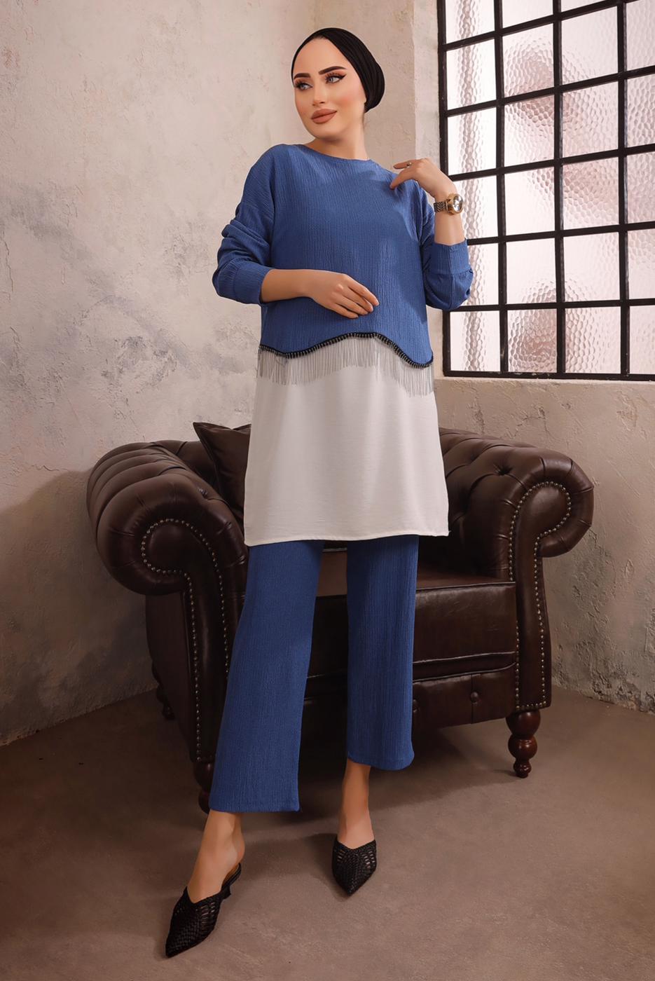 Tesettür giyim LACİVERT ZİNCİR DETAYLI İKİLİ PANTOLON TAKIMI T 1492