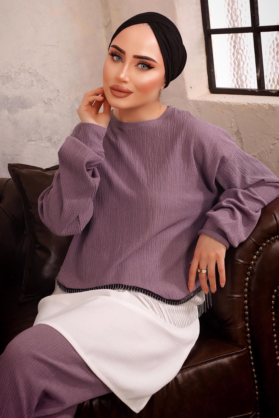 Tesettür giyim MOR ZİNCİR DETAYLI İKİLİ PANTOLON TAKIMI T 1492