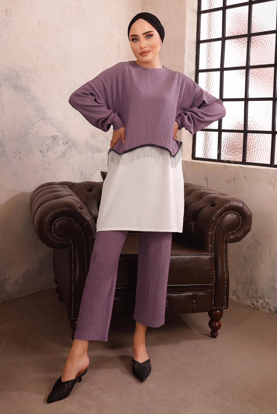 Tesettür giyim MOR ZİNCİR DETAYLI İKİLİ PANTOLON TAKIMI T 1492